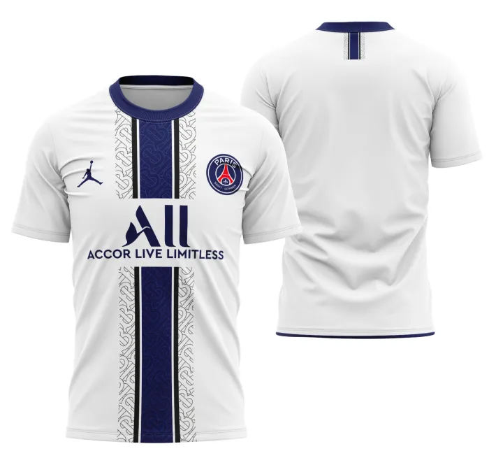 Camiseta unissex preta com logo no peito e estampa grande nas costas inspirada no conceito PSG 2022, ideal para fãs do futebol com estilo moderno e urbano.