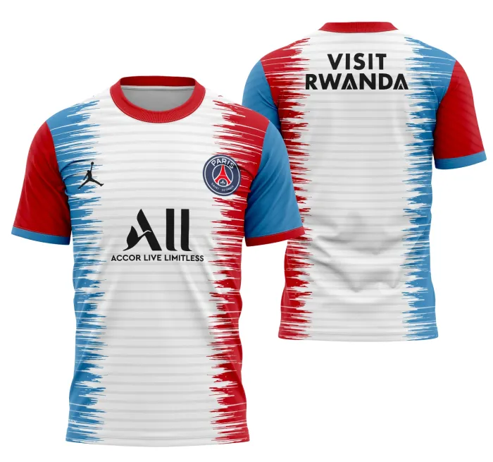 Camiseta unissex preta com logo no peito e estampa grande nas costas inspirada no Conceito Psg 2022 Modelo 7, design moderno e marcante para fãs do time.