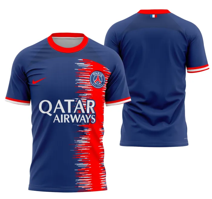 Camiseta unissex preta com logo no peito e estampa grande nas costas com design do Conceito PSG 2023 Modelo 1, estilo moderno e esportivo para fãs do clube.