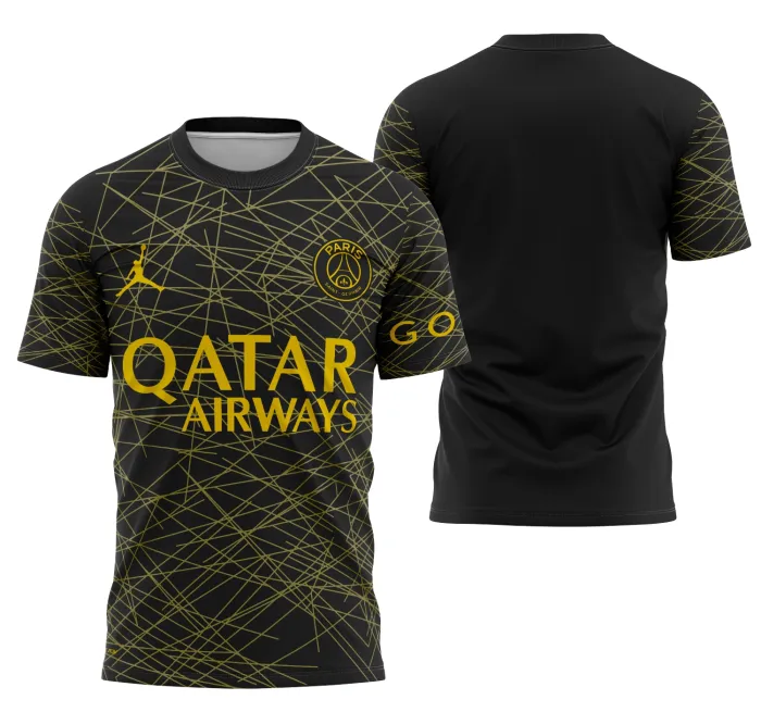 Camiseta unissex preta com logo no peito e estampa grande nas costas do Conceito PSG 2023 Modelo 10, perfeita para quem ama futebol e estilo moderno.