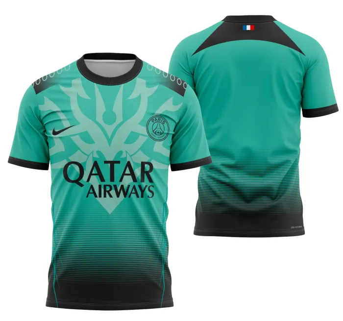 Camiseta unissex preta com logo no peito e estampa grande nas costas inspirada no Conceito Psg 2023 Modelo 3.