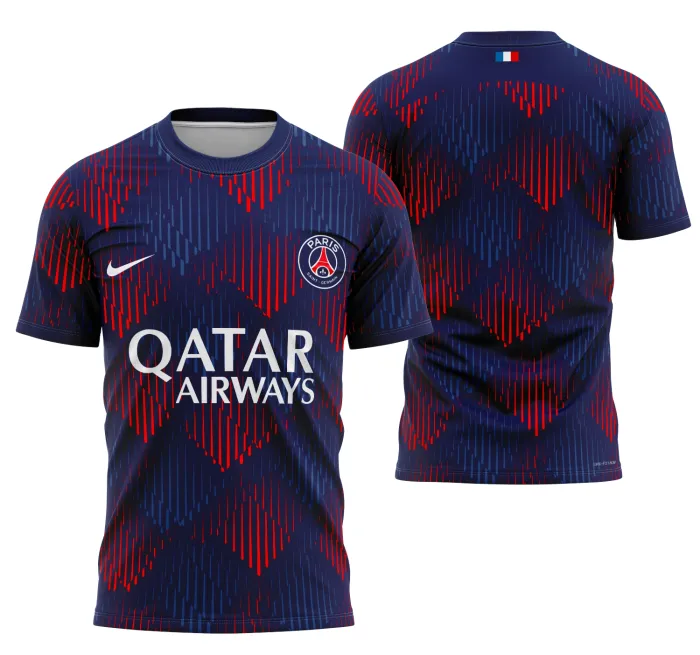 Camiseta unissex preta com logo no peito e estampa grande nas costas baseada no conceito PSG 2023, em estilo moderno e arrojado, ideal para fãs do futebol.