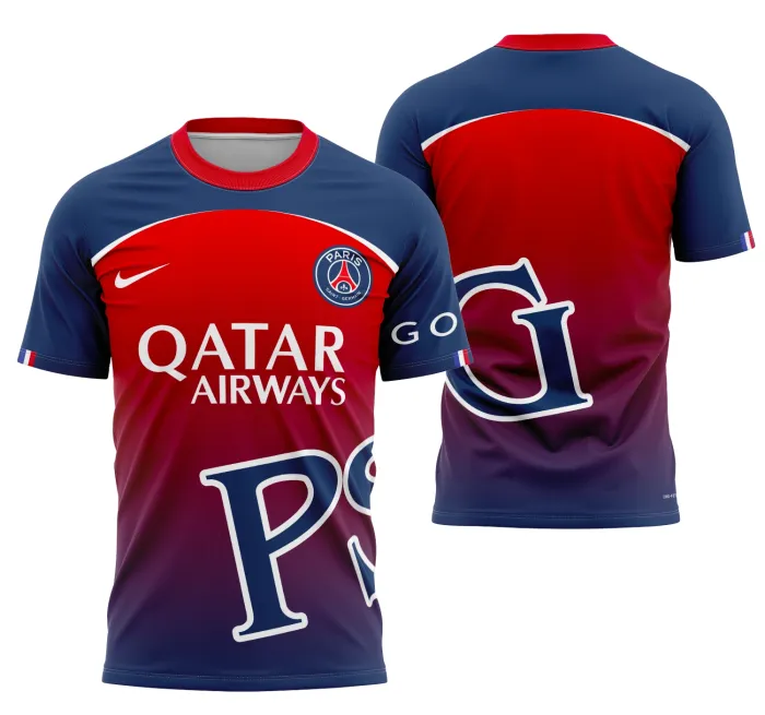Camiseta unissex preta com logo no peito e estampa grande nas costas inspirada no Conceito PSG 2023, modelo 5, design moderno e esportivo, perfeita para fãs e amantes do futebol.