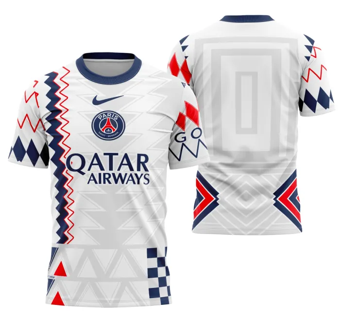 Camiseta unissex preta com logo no peito e estampa grande nas costas, com design inspirado na camisa Conceito PSG 2023 Modelo 6, ideal para torcedores modernos e amantes de futebol.
