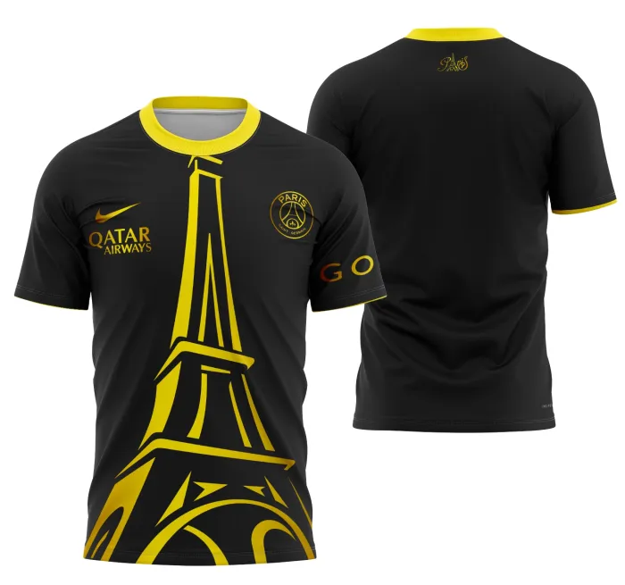 Camiseta unissex preta com logo no peito e estampa grande nas costas, inspirada no Conceito Psg 2023 Modelo 8, perfeita para quem gosta de estilo moderno e esportivo.
