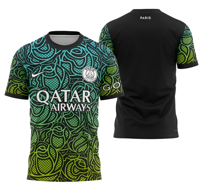 Camiseta unissex preta com logo no peito e estampa grande nas costas do Conceito Psg 2023 Modelo 9, estilo moderno e esportivo, perfeita para fãs do futebol e design arrojado.