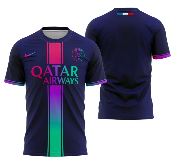 Camiseta unissex preta com logo no peito e estampa grande nas costas do conceito PSG 2024, modelo 3, perfeita para fãs do estilo esportivo moderno