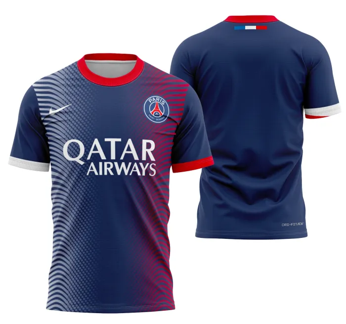 Camiseta unissex preta com logo no peito e estampa grande nas costas inspirada no Conceito Psg 2024, design moderno e marcante para quem busca estilo e conforto.