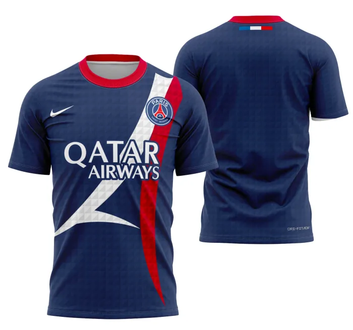 Camiseta unissex preta com logo no peito e estampa grande nas costas do Conceito PSG 2024 Modelo 6, design moderno e esportivo que destaca paixão e estilo.