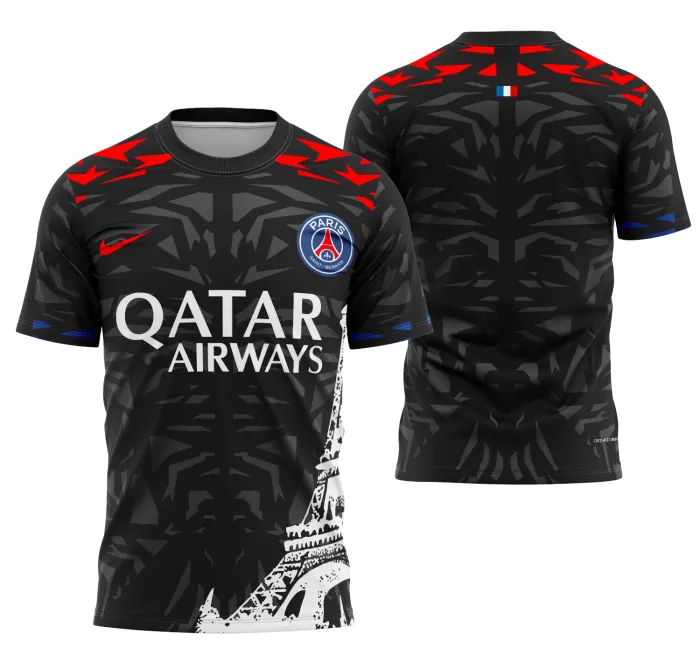 Camiseta unissex preta com logo no peito e estampa grande nas costas inspirada no conceito PSG 2024, estilo moderno e exclusivo para fãs do time.