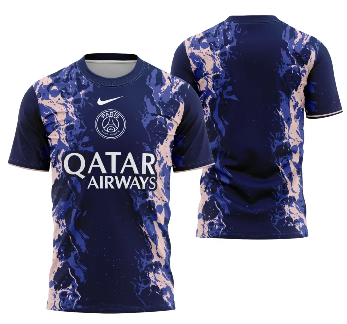 Camiseta unissex preta com logo no peito e estampa grande nas costas inspirada no conceito PSG 2025 Modelo 2, design moderno e marcante para quem busca estilo único.
