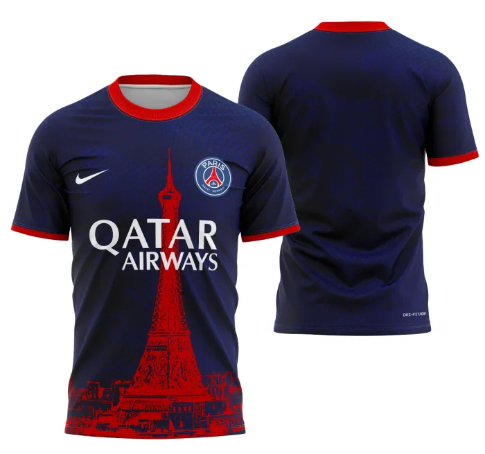 Camiseta unissex preta com logo no peito e estampa grande nas costas mostrando o conceito PSG 2025, design moderno e elegante para quem busca estilo futurista.