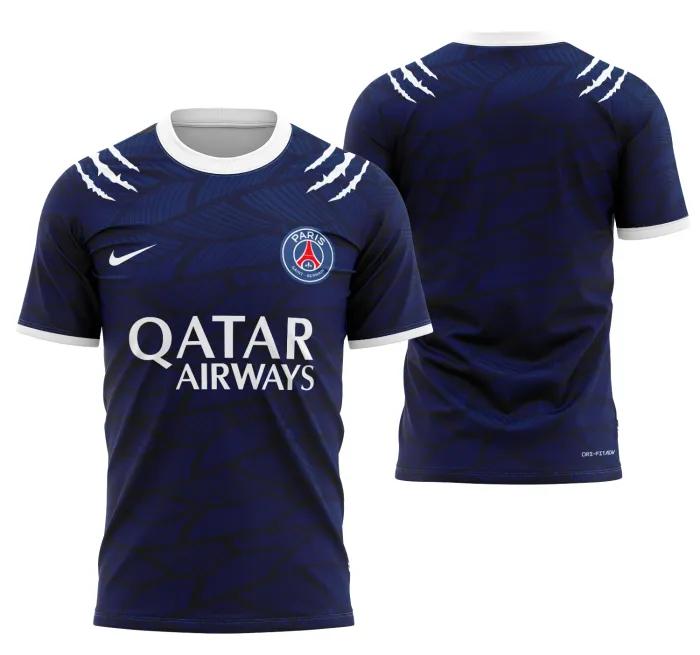 Camiseta unissex preta com logo no peito e estampa grande nas costas inspirada no Conceito Psg 2025 Modelo 4, design moderno e esportivo ideal para fãs do time.