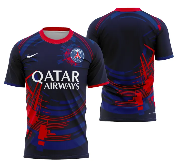 Camiseta preta unissex com logo no peito e estampa grande nas costas inspirada no conceito Psg 2025, visual moderno e marcante para fãs do time.