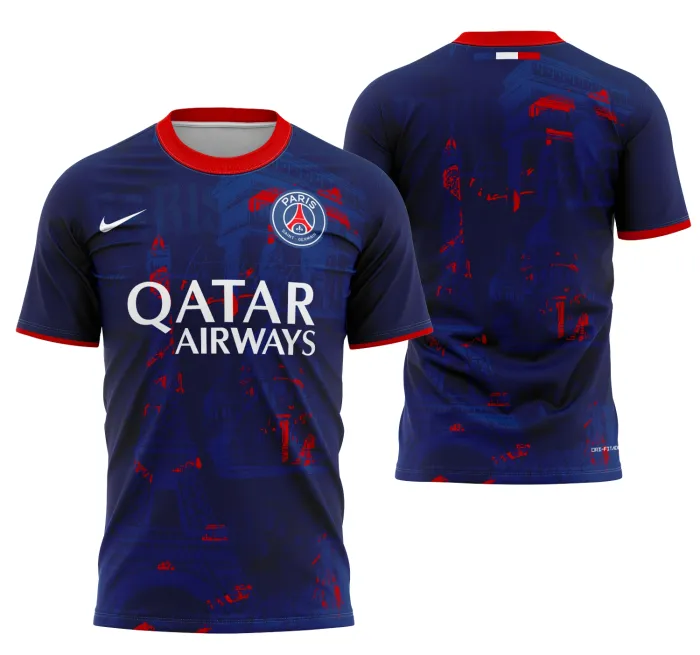 Camiseta preta unissex com logo no peito e estampa grande nas costas inspirada no conceito PSG 2025, design moderno e arrojado, ideal para fãs do futebol.