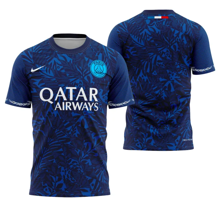 Camiseta unissex preta com logo no peito e estampa grande nas costas inspirada no conceito PSG 2025, perfeita para quem busca estilo moderno e esportivo.