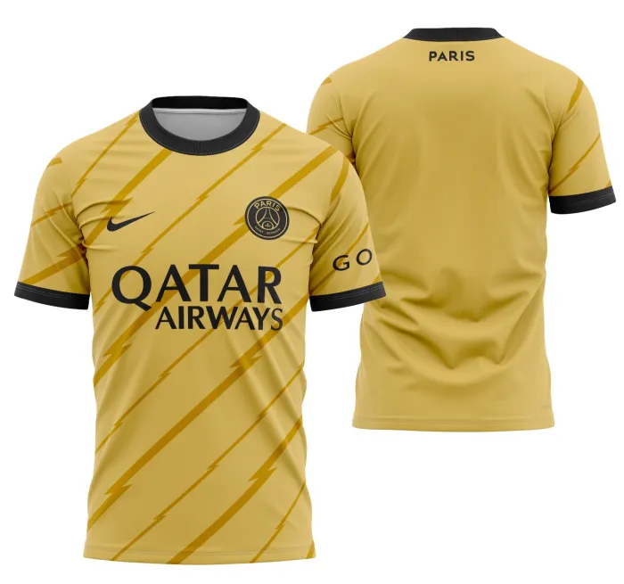Camiseta preta unissex com logo no peito e estampa grande nas costas do Conceito Psg Dourado 2023, destacando estilo moderno e elegante para fãs do time.