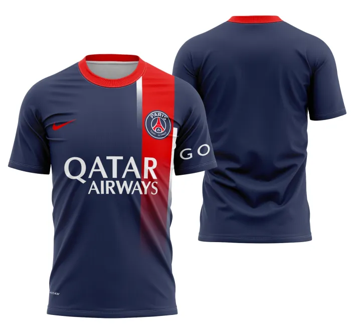 Camiseta unissex preta com logo no peito e estampa grande nas costas inspirada no conceito PSG Local 23-24, ideal para fãs que querem estilo moderno e esportivo.