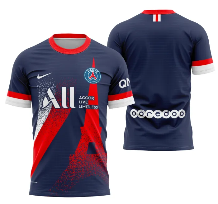 Camiseta unissex preta com logo no peito e estampa grande nas costas inspirada no Conceito Psg Modelo 8, combinando estilo moderno e conforto.