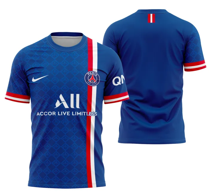 Camiseta unissex preta com logo no peito e estampa grande nas costas do Conceito Psg Modelo 9, design moderno e vibrante para estilo casual e esportivo.