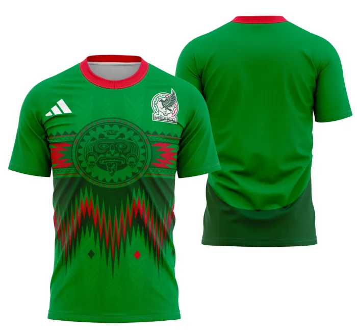 Camiseta unissex preta com logo no peito e estampa grande nas costas do conceito do uniforme principal México, perfeita para fãs de futebol e colecionadores.