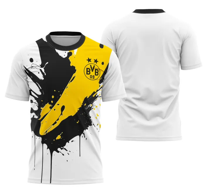 Camiseta unissex preta com logo no peito e estampa grande nas costas com conceito do uniforme reserva do Borussia Dortmund.