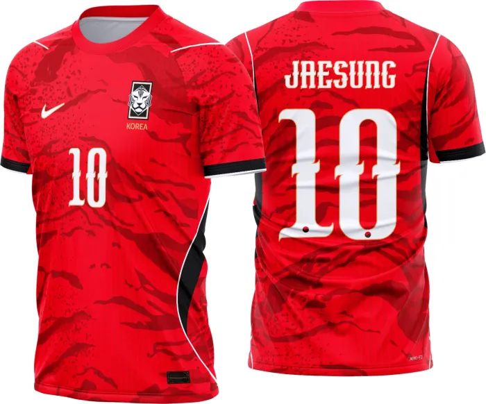 Camiseta unissex preta com logo no peito e estampa grande nas costas, design inspirado na camisa titular da Coreia do Sul para 2026-2028.