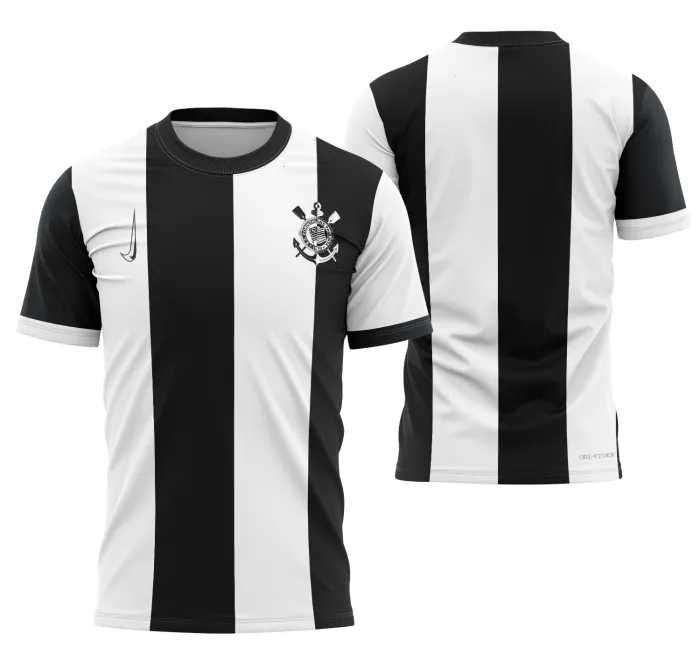 Camiseta preta unissex com logo no peito e estampa grande nas costas com tema Corinthians Alternativa 2024-2025, design moderno e detalhes marcantes para fãs do time.