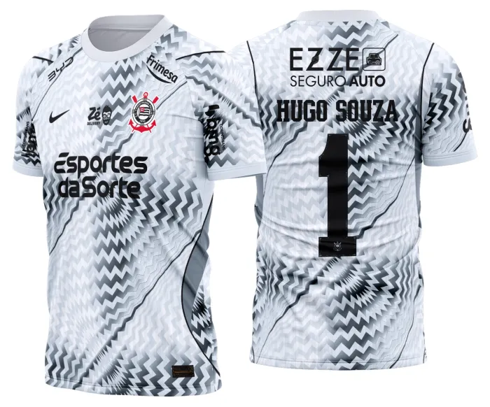 Camisa branca unissex com logo no peito e estampa grande nas costas, tema Corinthians goleiro 2026 2027, camiseta de alta qualidade, ideal para torcedores e fãs do time.