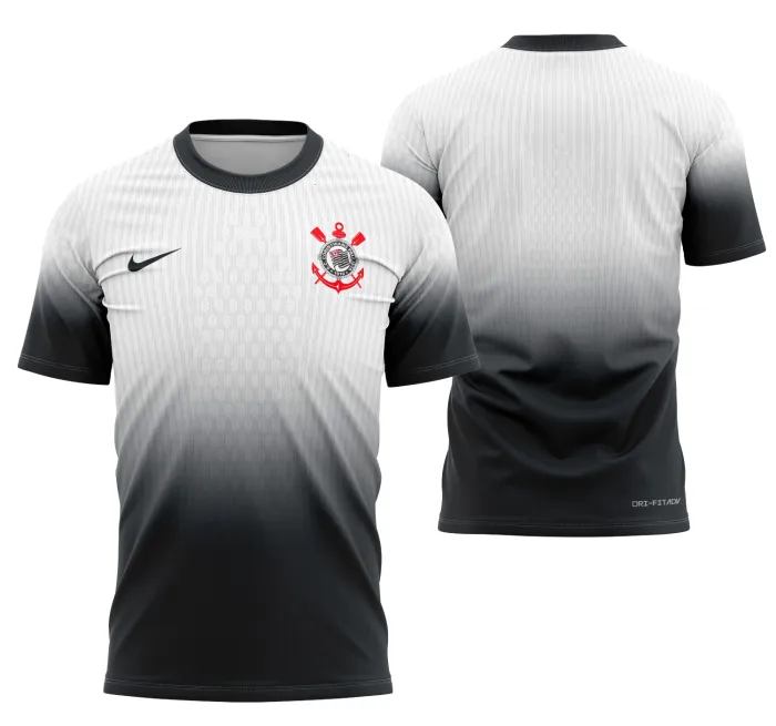 Camiseta preta unissex com logo do Corinthians no peito e estampa grande nas costas exibindo o design do uniforme local 2024-2025, perfeita para torcedores e colecionadores do clube.