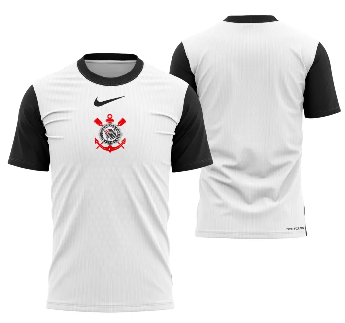 Camiseta unissex preta com logo no peito e estampa grande nas costas do Corinthians Local 2025, mostrando design moderno e vibrante para torcedores apaixonados.