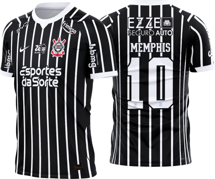 Camiseta unissex preta com logo no peito e estampa grande nas costas inspirada na camisa Corinthians Reserva 2026-27, ideal para torcedores e fãs do time.