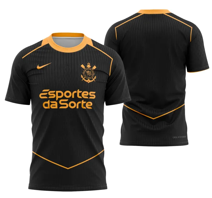 Camiseta unissex preta com logo do Corinthians no peito e estampa grande nas costas inspirada na camisa tercera 2025-2026, design moderno e esportivo para torcedores do clube.
