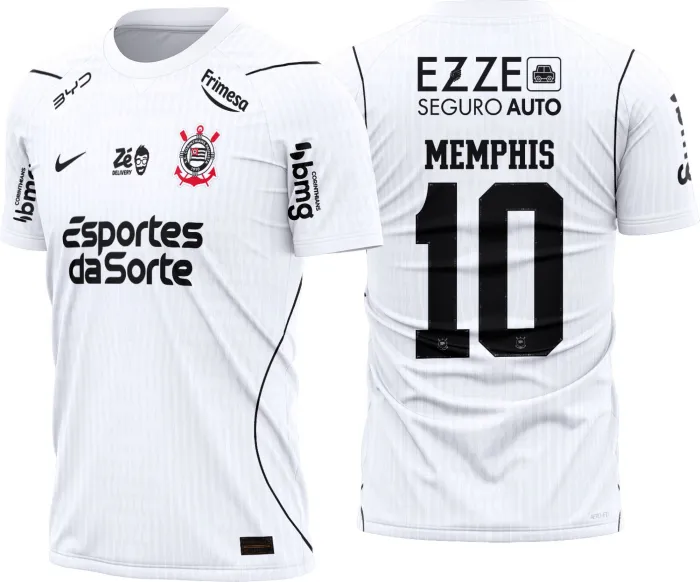 Camiseta unissex preta com logo do Corinthians no peito e estampa grande nas costas destacando o design da Camisa Corinthians Titular 2026-27 com detalhes modernos e estilo esportivo.