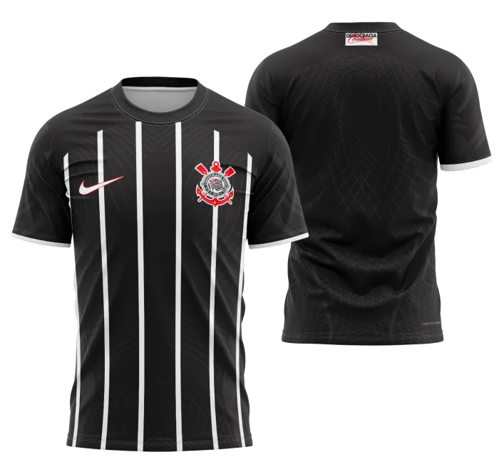 Camiseta unissex preta com logo no peito e estampa grande nas costas mostrando o tema Corinthians Visita 2023-2024, ideal para fãs do time em estilo moderno e esportivo.