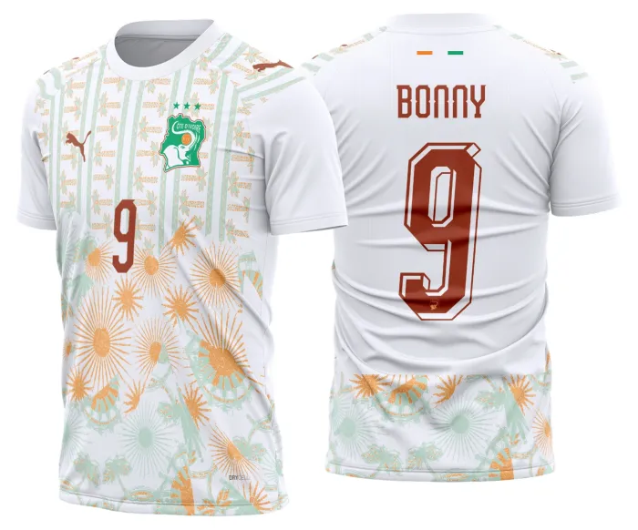 Camiseta unissex branca com logo no peito e estampa grande nas costas mostrando a Costa do Marfim Reserva 2026-2028, estilo casual moderno, ideal para fãs de futebol.
