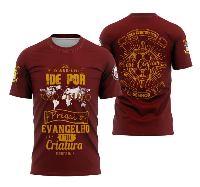 Camiseta unissex preta com logo no peito e estampa grande nas costas com tema cristão Pregai o Evangelho