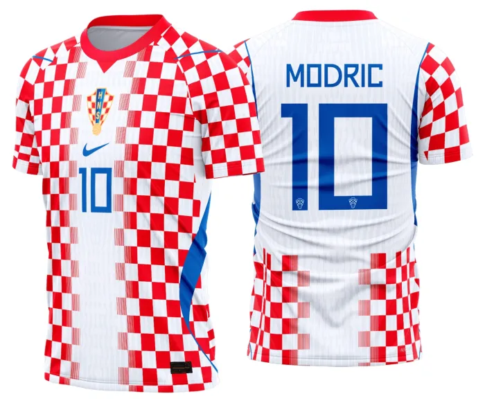 Camiseta preta unissex com logo no peito e estampa grande nas costas da Croácia Titular 2026-28, perfeita para fãs da seleção, com design arrojado e moderno.