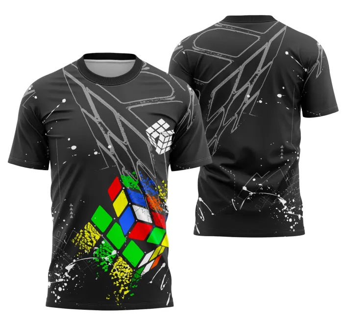 Camiseta unissex preta com logo no peito e estampa grande nas costas do Cubo Mágico Interclasse, design vibrante e moderno ideal para eventos escolares e competições.