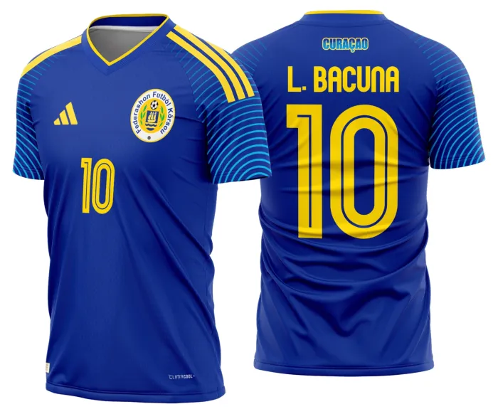 Camiseta unissex preta com logo no peito e estampa grande nas costas mostrando a camisa Curaçao titular 2026-2028 com design moderno e vibrante.