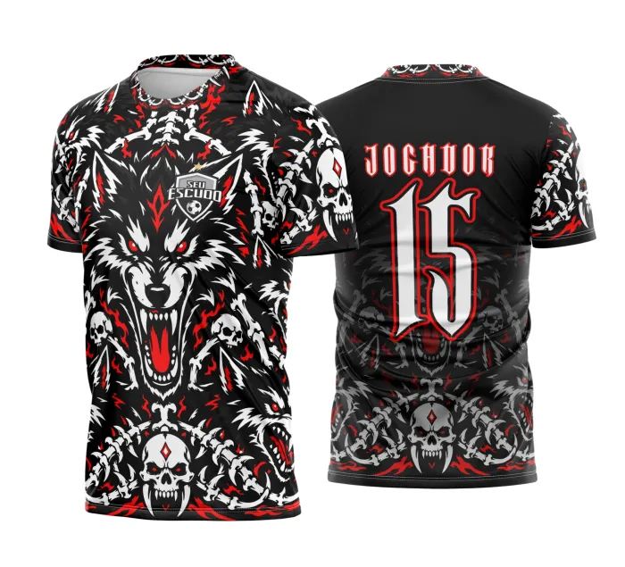 Camiseta unissex preta com logo no peito e estampa grande nas costas do Lobo Mau, ideal para eventos escolares e festas temáticas