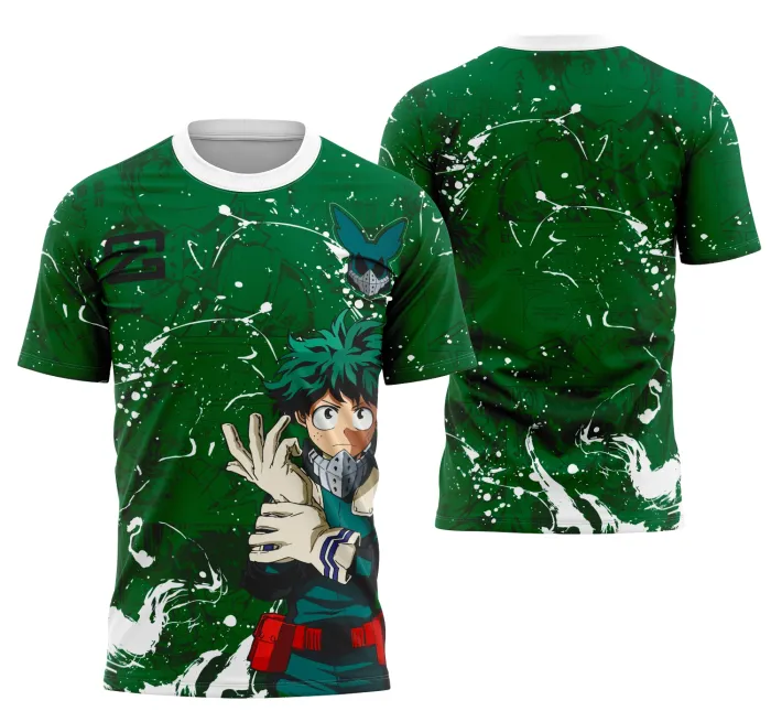 Camiseta preta unissex com logo no peito e estampa grande nas costas do personagem Deku da série BNA, ideal para fãs de anime e look casual moderno.