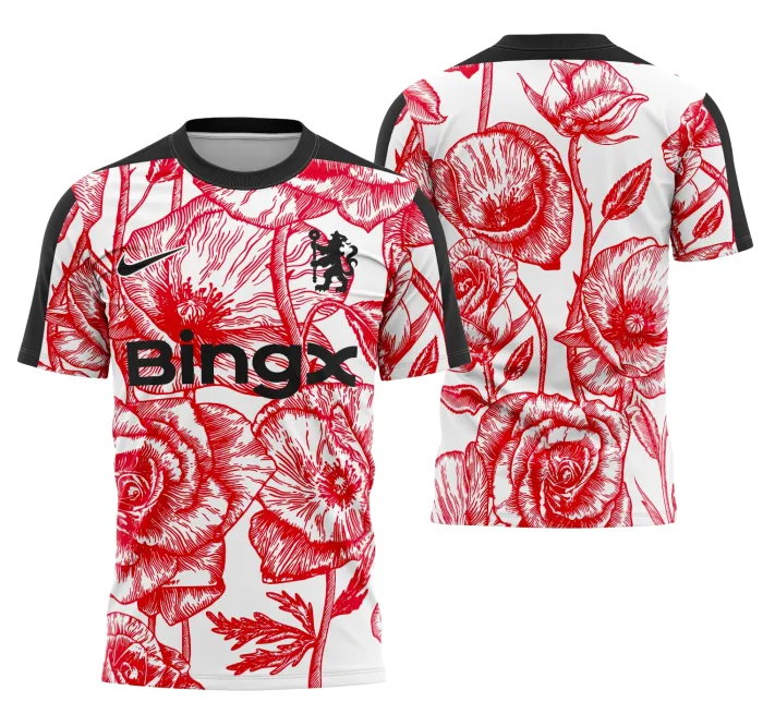 Camiseta unissex preta com logo no peito e estampa grande nas costas mostrando detalhes do Dia 25-26 da Memória Pré-Jogo do Chelsea, ideal para fãs do clube com visual moderno e estiloso.