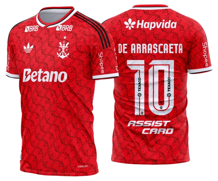 Camiseta unissex preta com logo no peito e estampa grande nas costas inspirada na camisa do Flamengo terceira 2026 2027