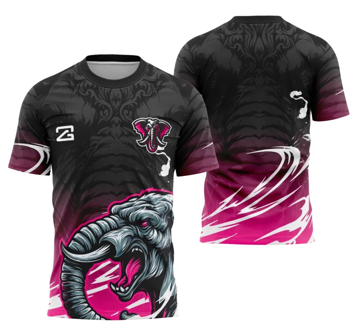 Camiseta unissex branca com logo no peito e estampa grande nas costas com elefante da Coleção Interclasse, design moderno, estilo casual para todas as idades.