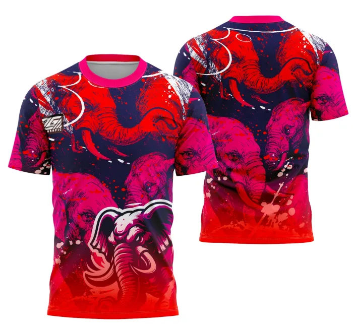 Camiseta unissex preta com logo no peito e estampa grande nas costas com desenho de elefante representando o Interclasse 2025, destacando estilo e conforto para o dia a dia.