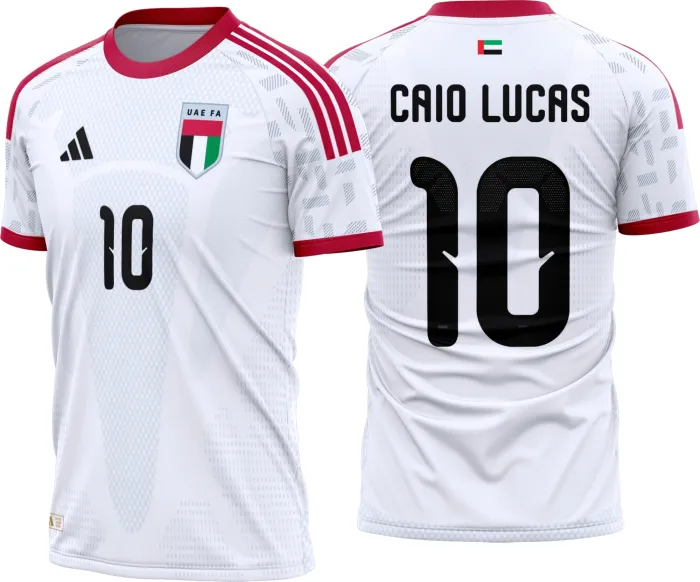 Camiseta unissex branca com logo no peito e estampa grande nas costas do time Emirado Arabes Unidos Titular 2026-28, perfeita para fãs e torcedores cheios de estilo e paixão.