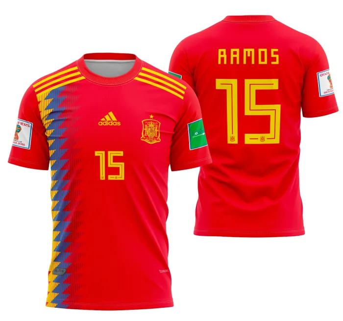 Camiseta unissex branca com logo no peito e estampa grande nas costas inspirada na Espanha Local 2018, design moderno e confortável para fãs da seleção espanhola