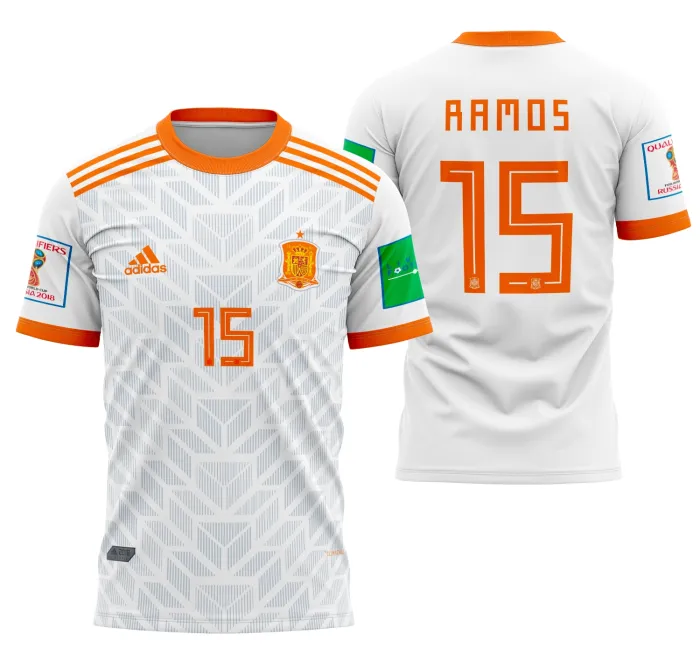 Camiseta unissex branca com logo no peito e estampa grande nas costas da Espanha 2018, estilo visita, ideal para torcedores e fãs do futebol espanhol.