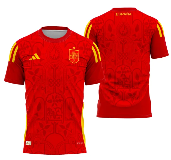 Camiseta unissex preta com logo no peito e estampa grande nas costas com tema Espanha Concept 2025, design moderno e vibrante, ideal para fãs do futebol espanhol.
